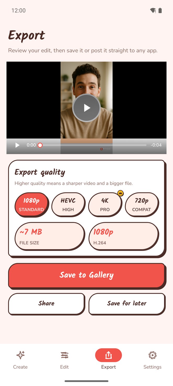 Reelvana share screen with Export and Share and Choose a video
